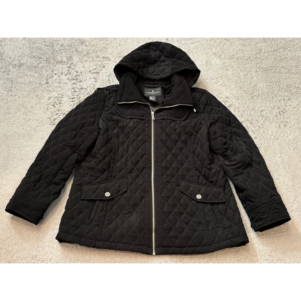 London Fog Womens Black Diamond Quilted Hooded Zip Up Jacket XL 713348